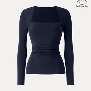 OGL ProWarm Angular Square Neck Side Long Sleeve Blouse with Built-in Bra- Navy